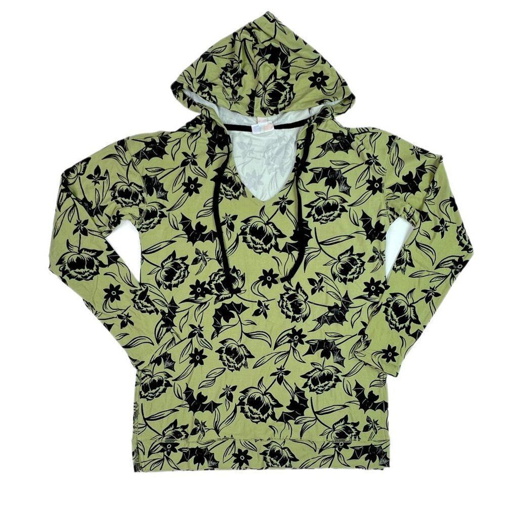 NEW XL LuLaRoe Eliza Green Black Floral Bat Halloween‎ Hoodie Pullover KNIT NWT